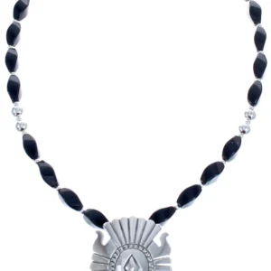 Onyx Sterling Silver Navajo Bead Necklace With Pendant