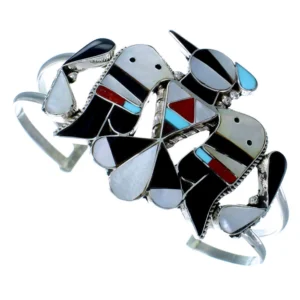 Inlay Thunderbird Zuni Cuff Bracelet Sterling Silver Multicolor