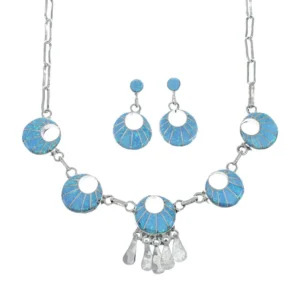 Sterling Silver Zuni Opal Inlay Necklace, Earrings Set – Signed LM