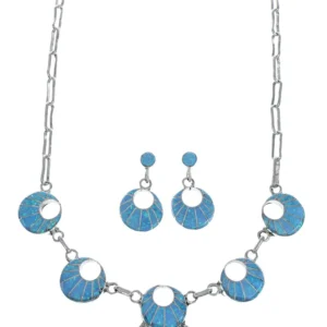 Sterling Silver Zuni Opal Inlay Necklace, Earrings Set – Signed LM