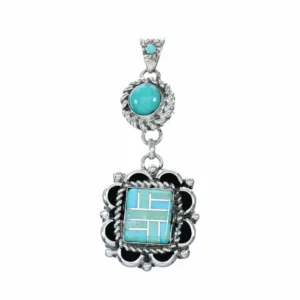 Turquoise Inlay Navajo Authentic Sterling Silver Pendant