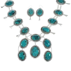 Navajo Turquoise Sterling Silver Naja Squash Blossom Necklace Set