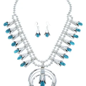 Turquoise Sterling Silver Navajo Squash Blossom Necklace Set