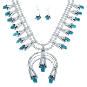 Turquoise Sterling Silver Navajo Squash Blossom Necklace Set
