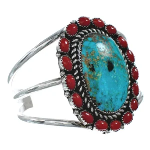 Turquoise and Coral Multi-Stone Sterling Silver Native American Cuff Bracelet
