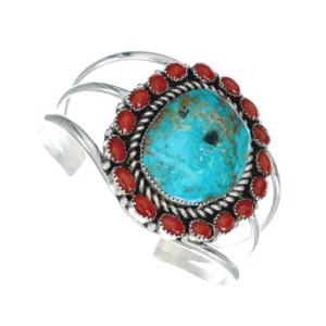 Turquoise and Coral Multi-Stone Sterling Silver Native American Cuff Bracelet