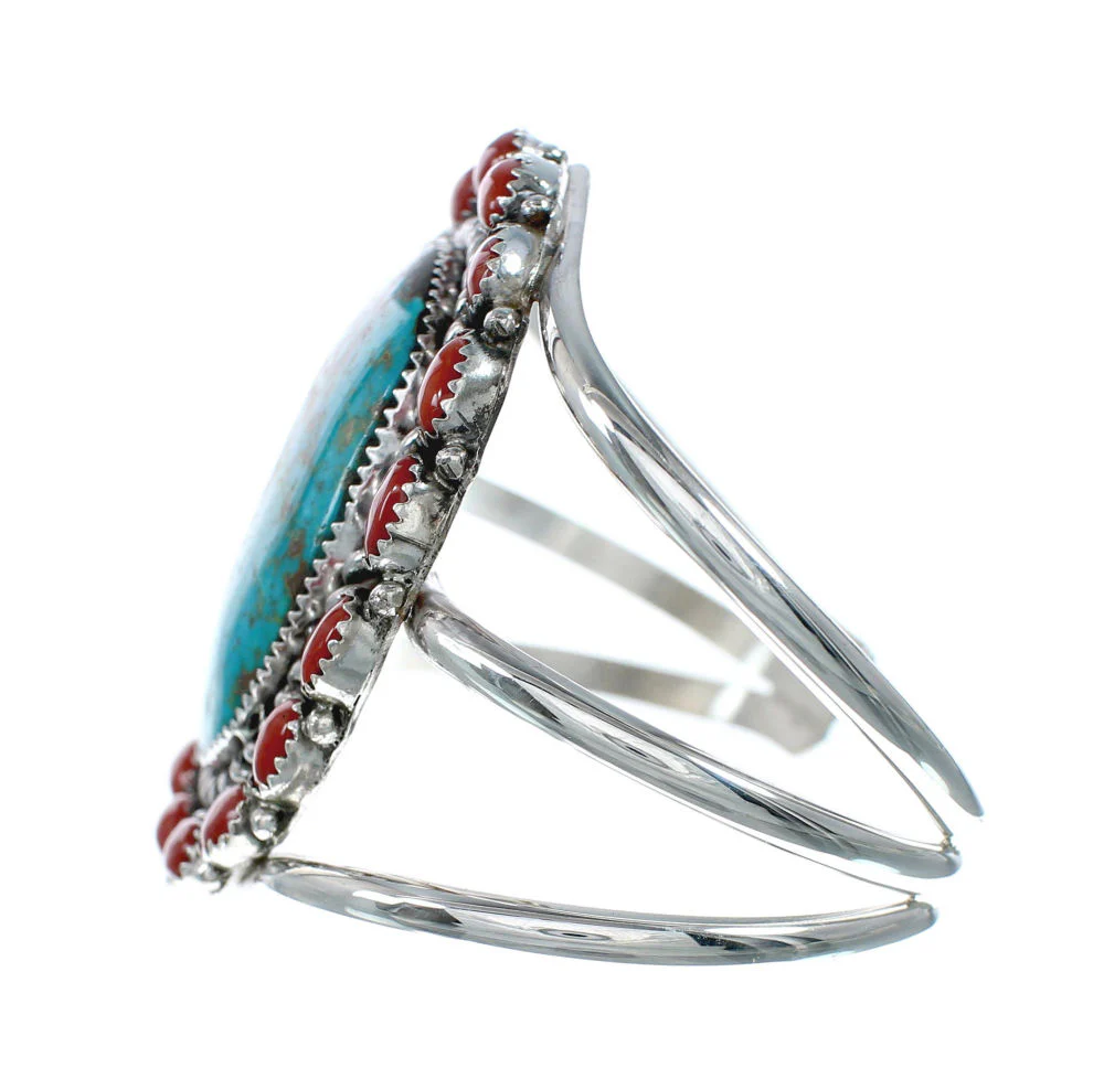 Turquoise and Coral Multi-Stone Sterling Silver Native American Cuff Bracelet - Image 3