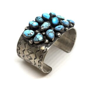 Sterling Silver Turquoise Cluster Cuff Bracelet | Vintage Handcrafted Jewelry