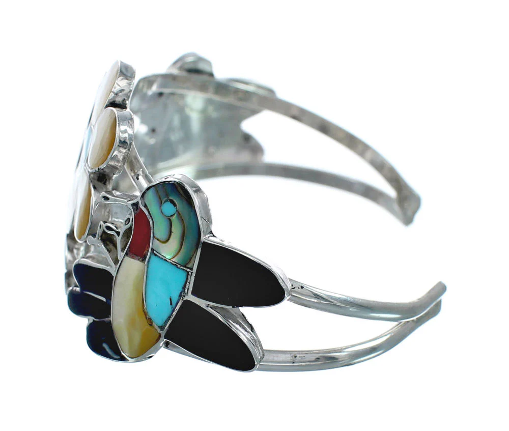 Zuni Hummingbird And Flower Multicolor Silver Bracelet - Image 3