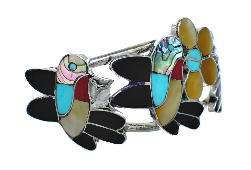 Zuni Hummingbird And Flower Multicolor Silver Bracelet - Image 2