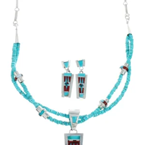 Zuni Indian Multicolor Sterling Silver 2-Strand Bead Necklace And Earrings Set