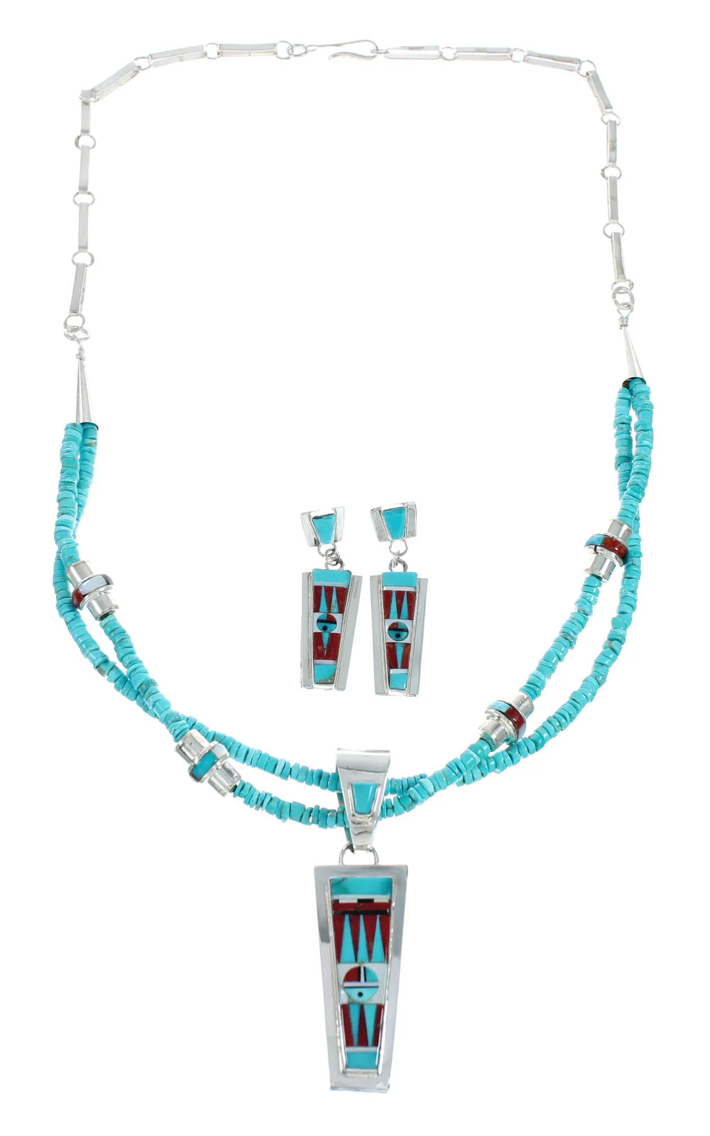Zuni Indian Multicolor Sterling Silver 2-Strand Bead Necklace And Earrings Set - Image 2