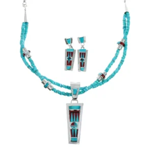 Zuni Indian Multicolor Sterling Silver 2-Strand Bead Necklace And Earrings Set