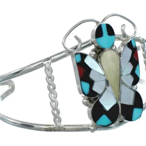 Zuni Indian Sterling Silver Multicolor Butterfly Inlay Cuff Bracelet