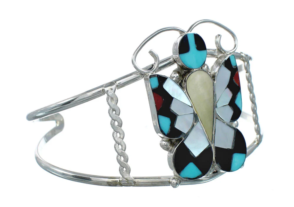 Zuni Indian Sterling Silver Multicolor Butterfly Inlay Cuff Bracelet - Image 2