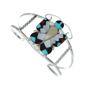 Zuni Indian Sterling Silver Multicolor Butterfly Inlay Cuff Bracelet