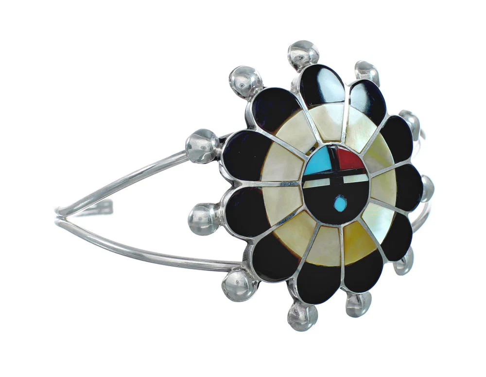 Zuni Multicolor Sunface Authentic Sterling Silver Cuff Bracelet - Image 2