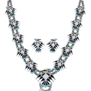 Zuni Multicolor Sterling Silver Thunderbird Necklace And Earrings Set