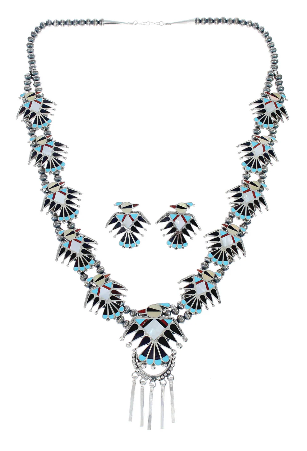 Zuni Multicolor Sterling Silver Thunderbird Necklace And Earrings Set - Image 2