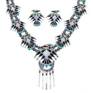 Zuni Multicolor Sterling Silver Thunderbird Necklace And Earrings Set