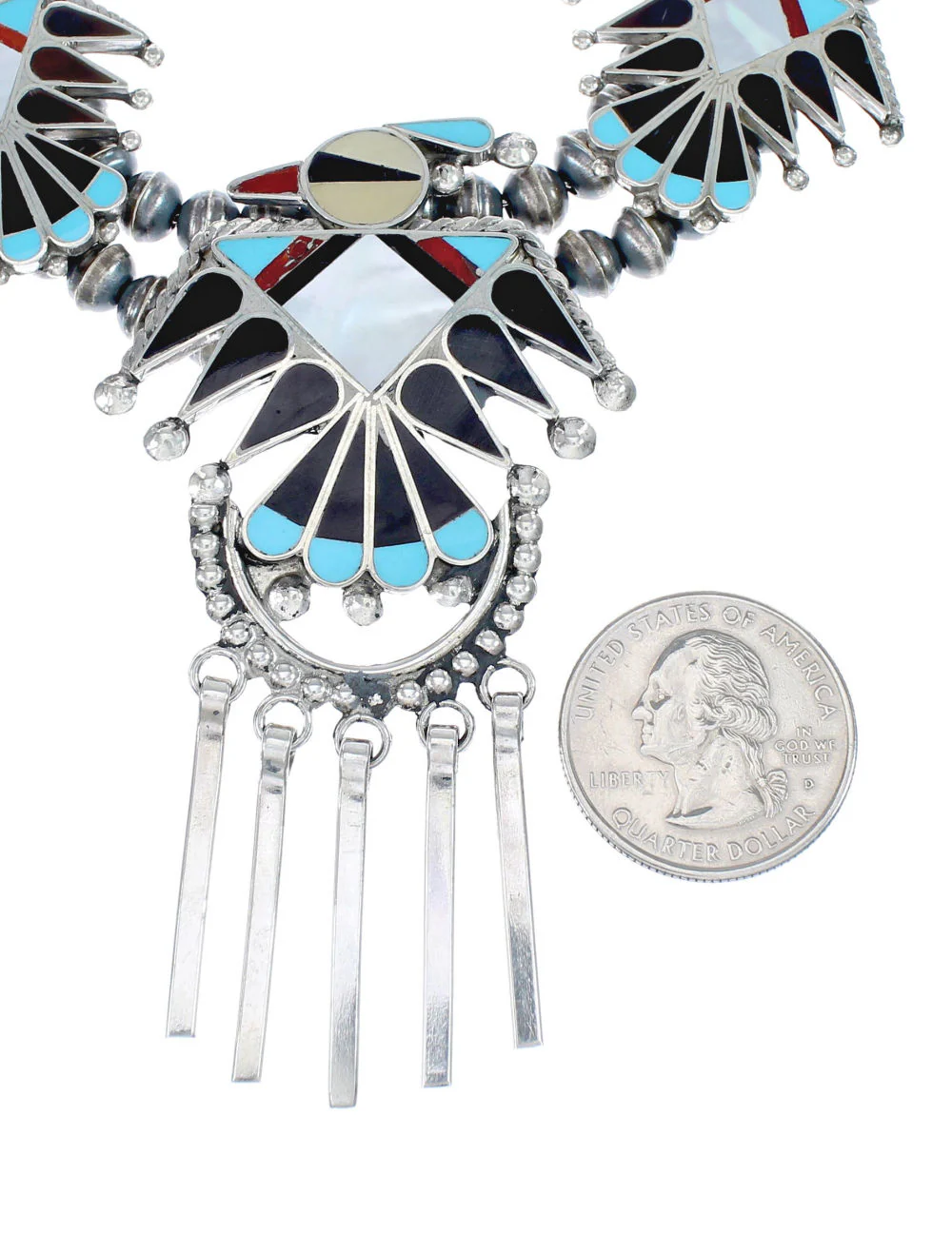 Zuni Multicolor Sterling Silver Thunderbird Necklace And Earrings Set - Image 3