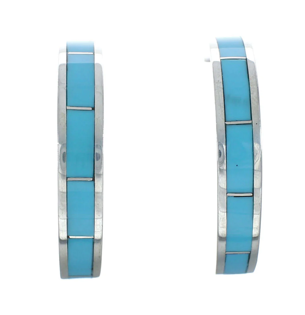 Zuni Sterling Silver Turquoise Post Hoop Earrings - Image 2