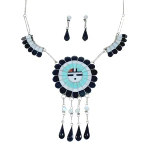 Zuni Sun and Flower Multicolor Multistone Inlay Necklace Signed J.D. Massie
