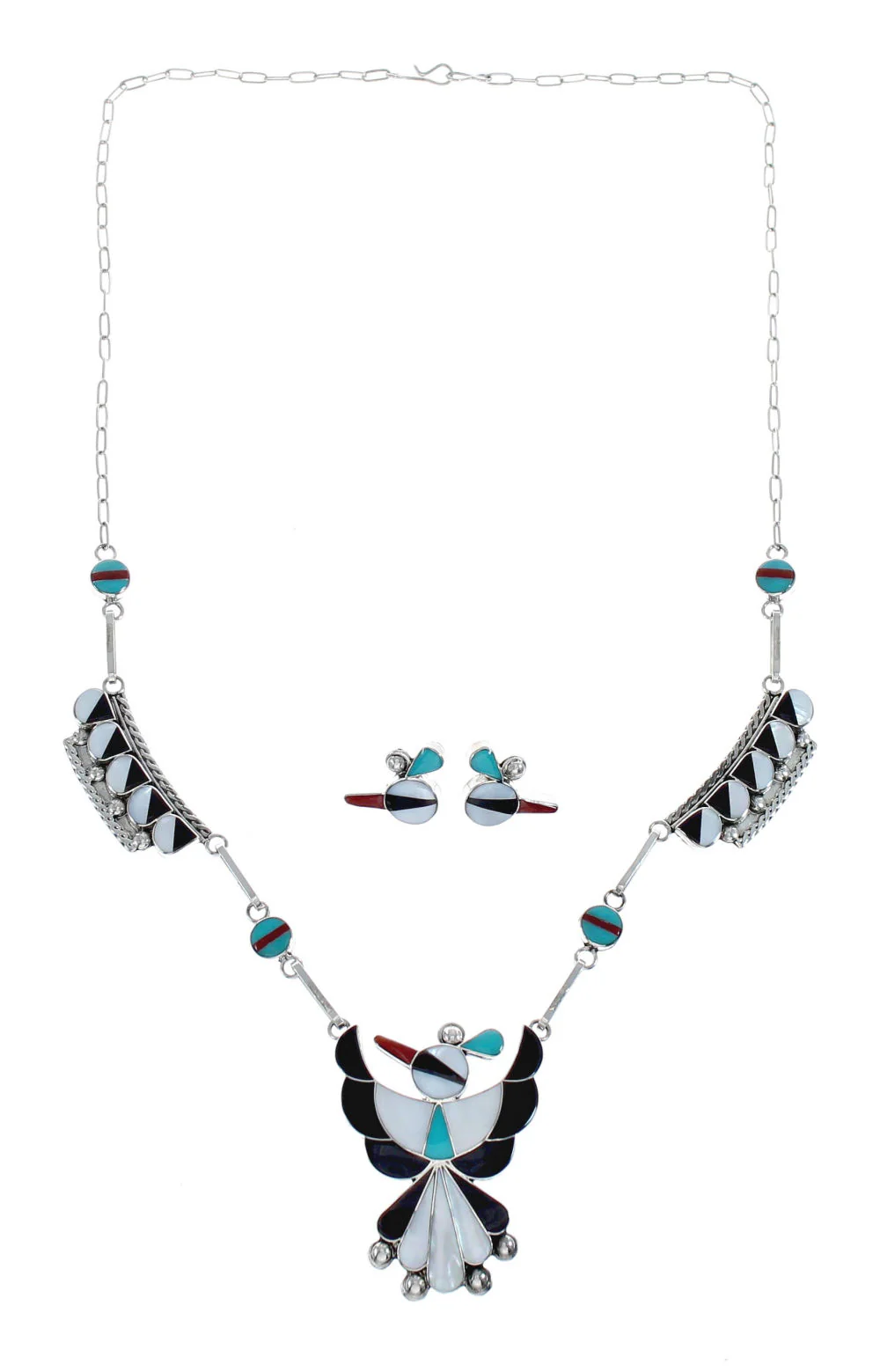 Zuni Thunderbird Multicolor Inlay Sterling Silver Link Necklace Set - Image 2