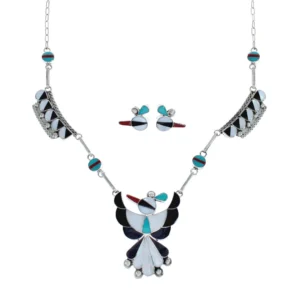 Zuni Thunderbird Multicolor Inlay Sterling Silver Link Necklace Set