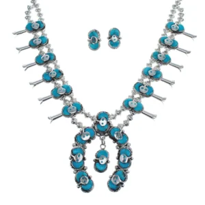Zuni Turquoise Snake Squash Blossom Necklace And Earrings Set