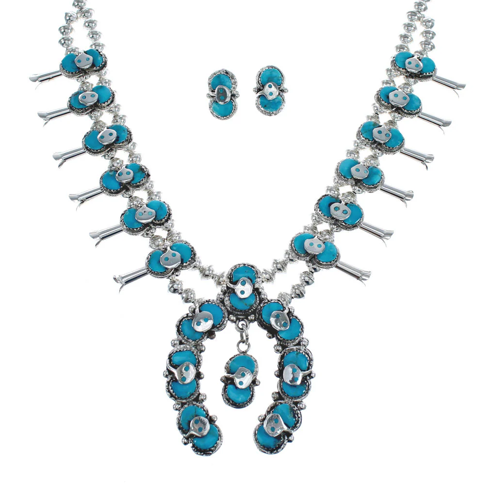 Zuni Turquoise Snake Squash Blossom Necklace And Earrings Set - Image 2