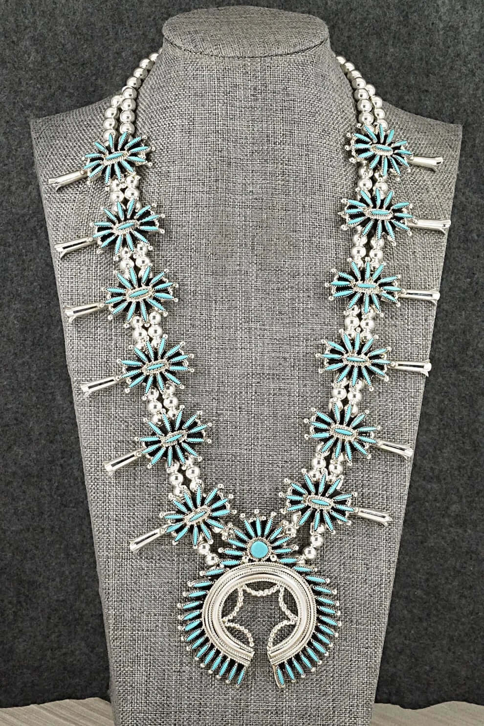 Squash Blossom Necklace by Gerald Etsate – Zuni Needlepoint Turquoise