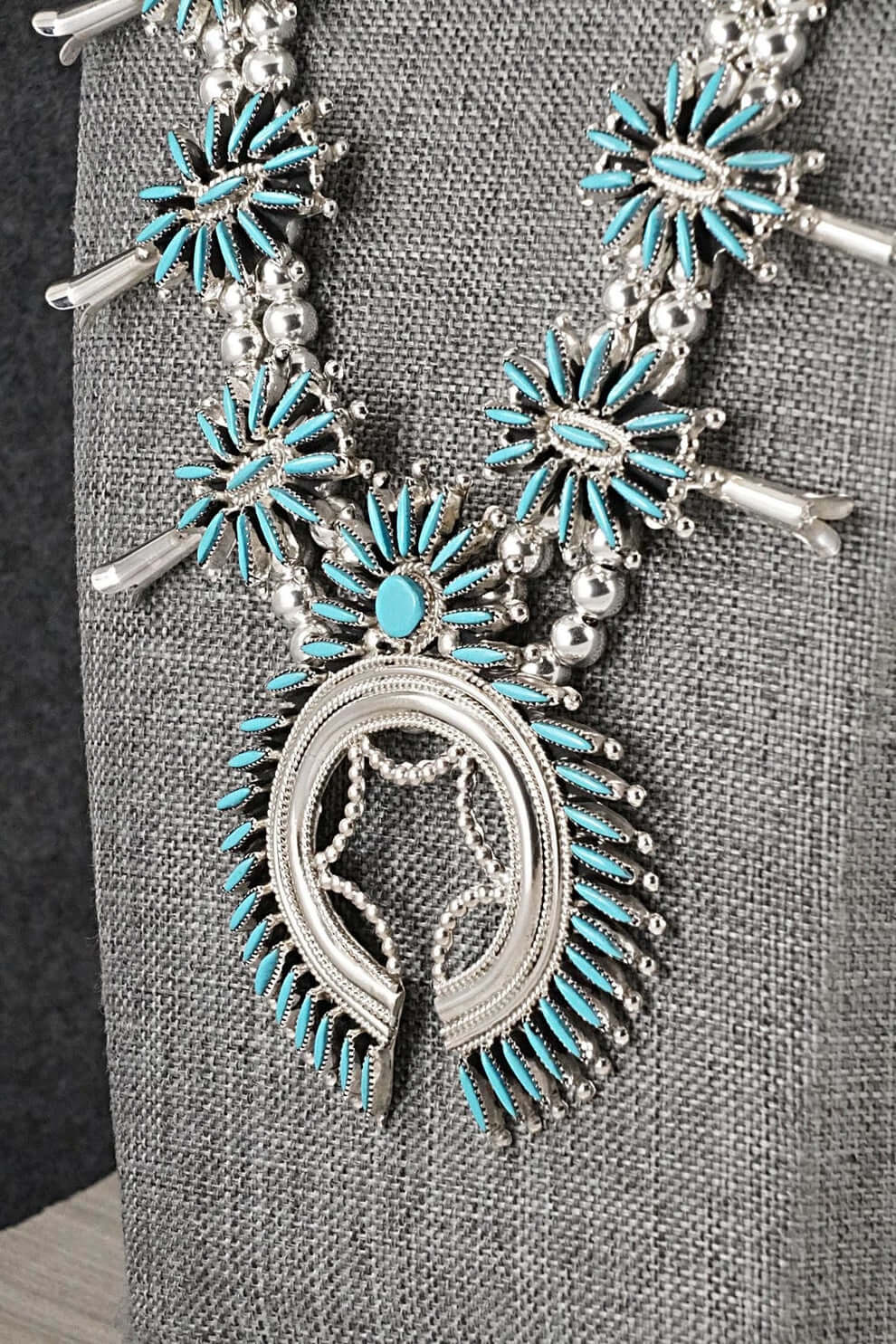 Squash Blossom Necklace by Gerald Etsate – Zuni Needlepoint Turquoise - Image 4