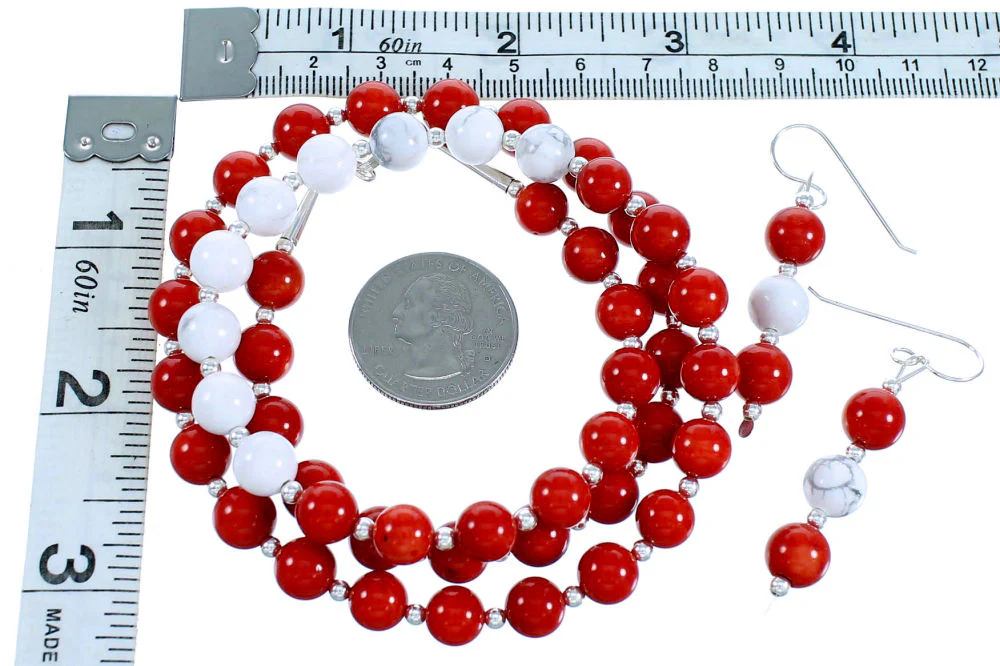 Navajo Howlite And Coral Sterling Silver Bead Necklace And Earrings - Image 4