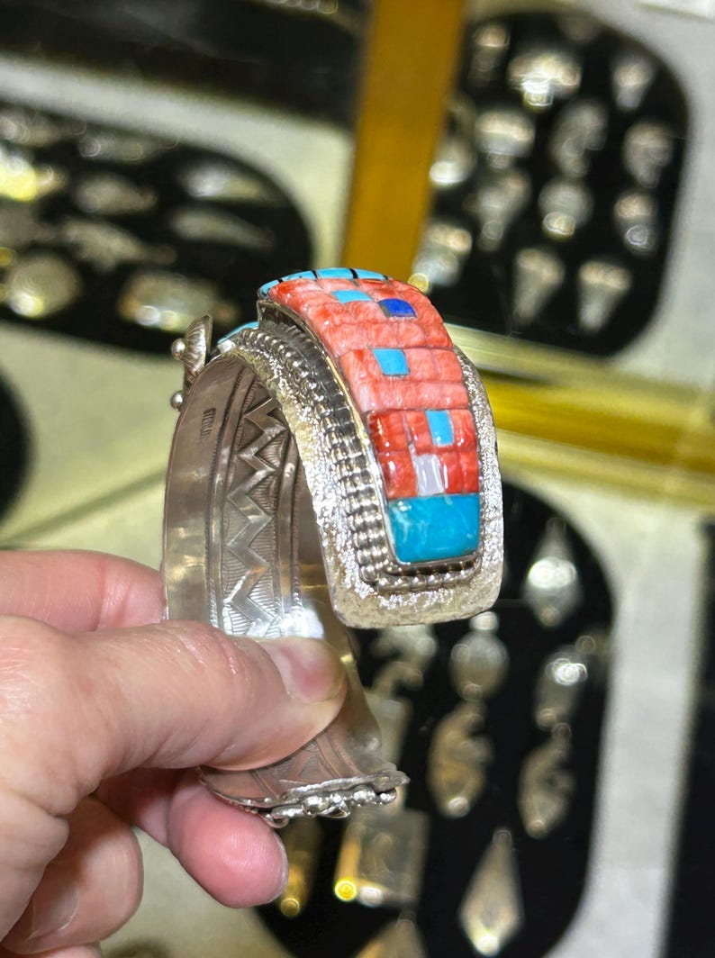 Vintage Sterling Silver Stunning Zuni-Style Cicada Cuff Bracelet with Vibrant Turquoise & Multi-Stone Inlay - Image 3