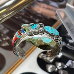 Vintage Sterling Silver Stunning Zuni-Style Cicada Cuff Bracelet with Vibrant Turquoise & Multi-Stone Inlay