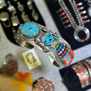 Vintage Sterling Silver Stunning Zuni-Style Cicada Cuff Bracelet with Vibrant Turquoise & Multi-Stone Inlay