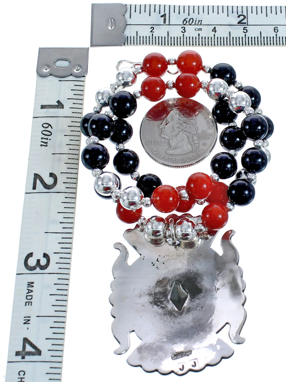 Navajo Coral And Onyx Sterling Silver Bead Necklace - Image 4