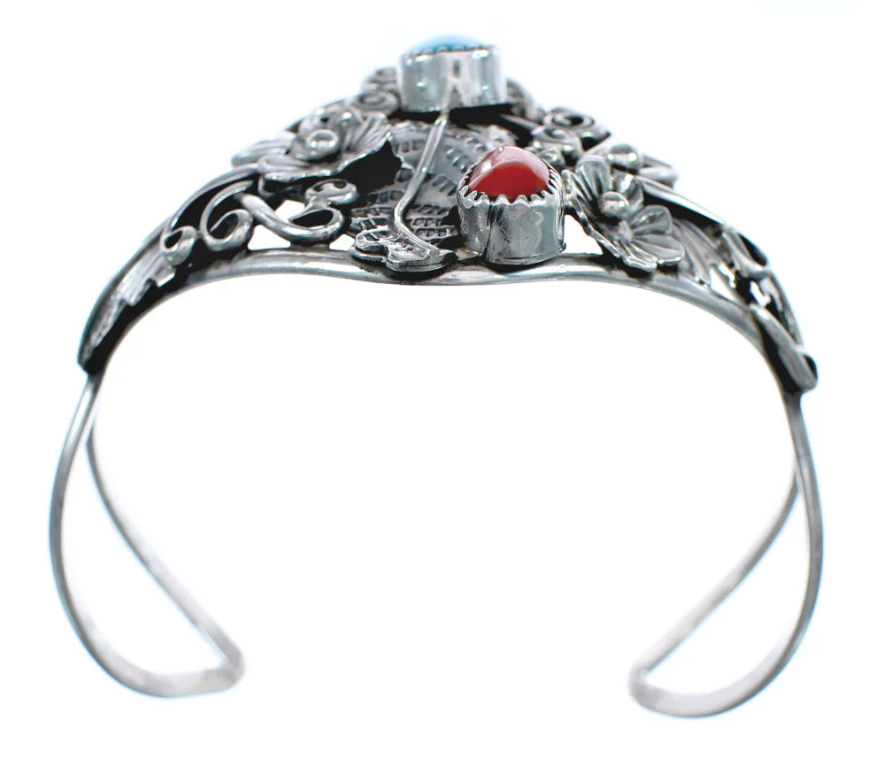 Genuine Sterling Silver Flower And Leaf Navajo Turquoise Coral Cuff Bracelet - Image 4
