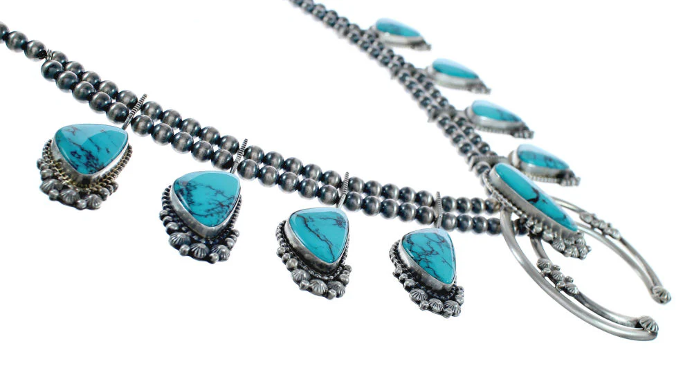 Navajo Naja Squash Blossom Turquoise Sterling Silver Necklace Set - Image 4
