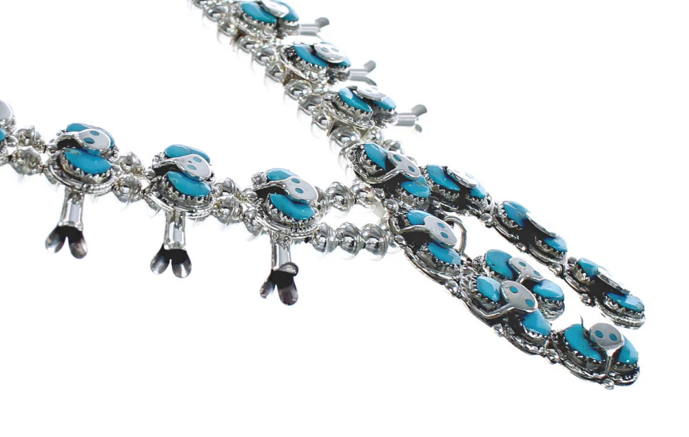 Zuni Turquoise Snake Squash Blossom Necklace And Earrings Set - Image 4