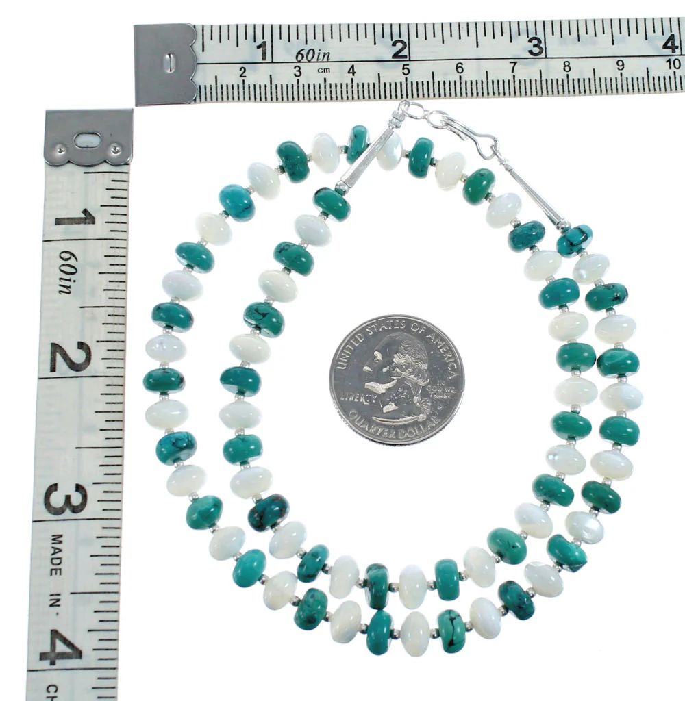Native American Sterling Silver Turquoise And Mother of Pearl Bead Necklace - Image 4