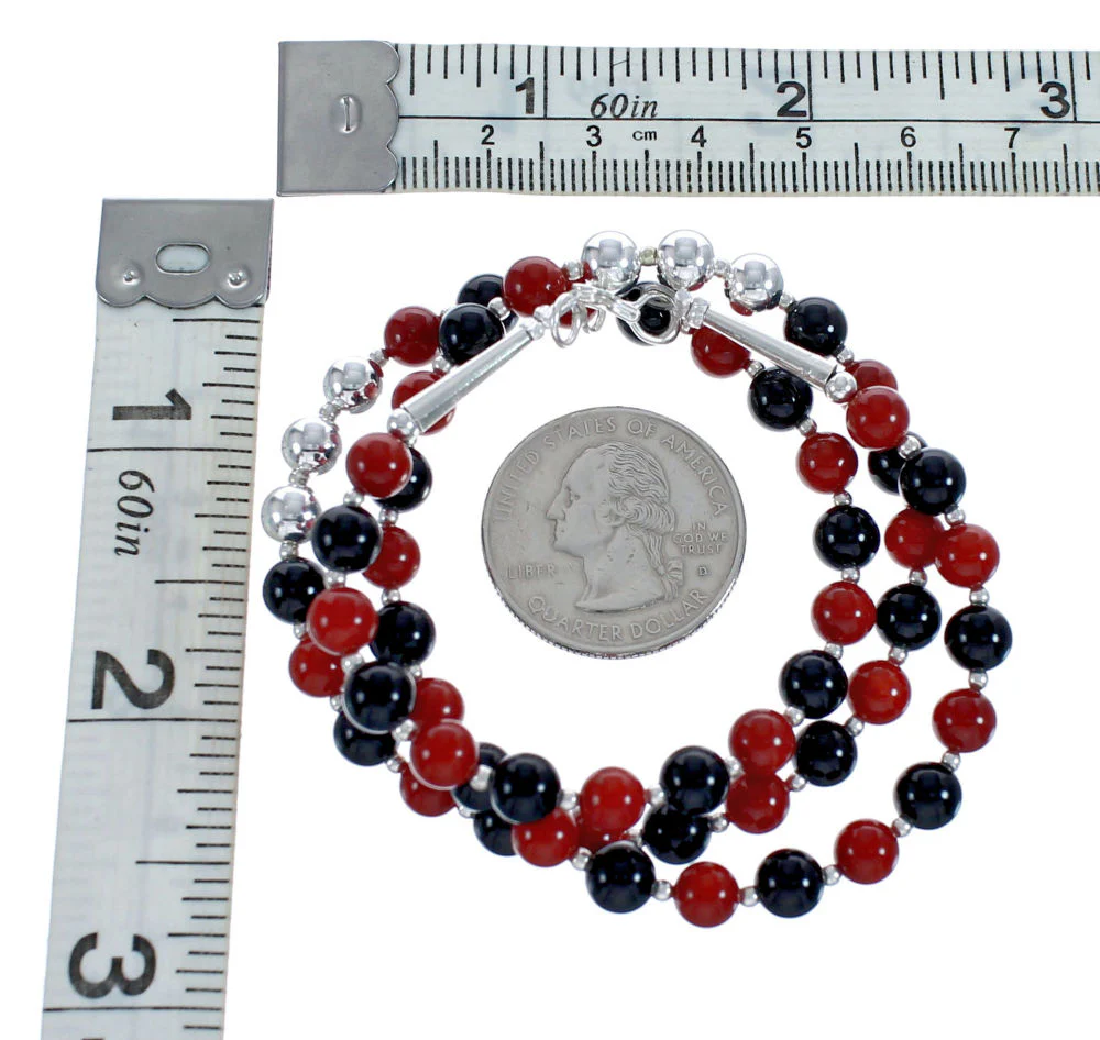 Navajo Sterling Silver Coral And Onyx Bead Necklace - Image 4