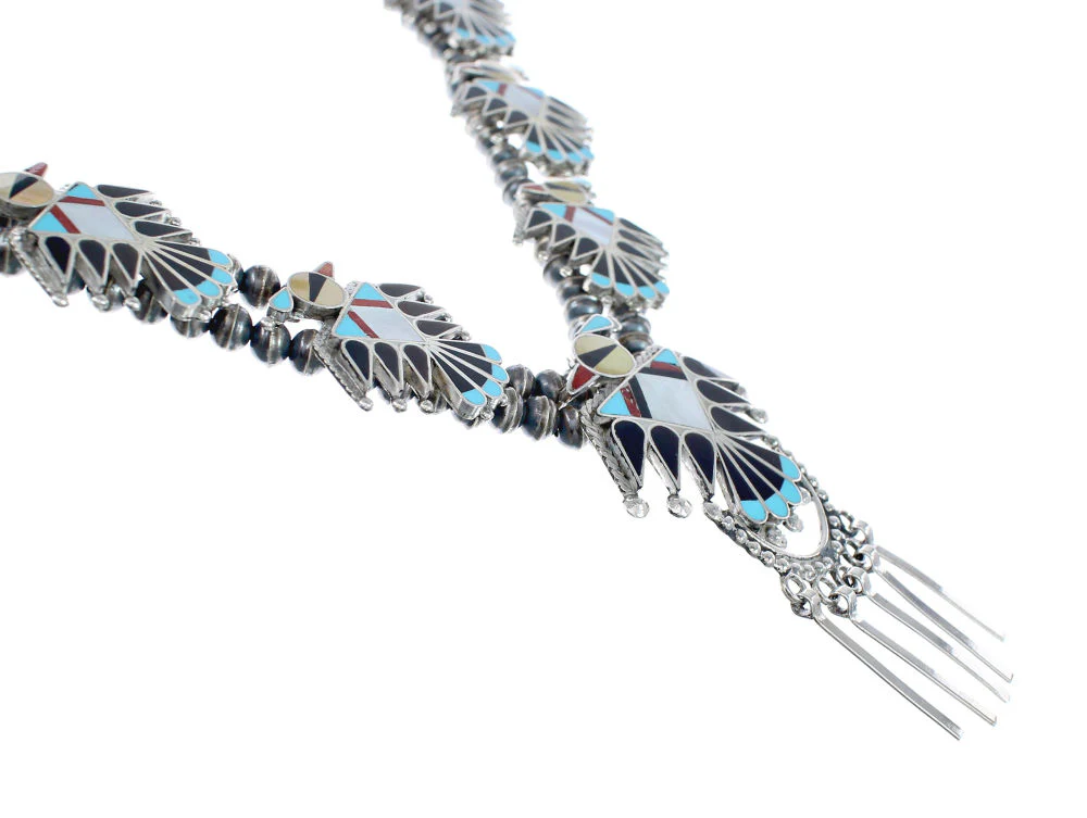 Zuni Multicolor Sterling Silver Thunderbird Necklace And Earrings Set - Image 4