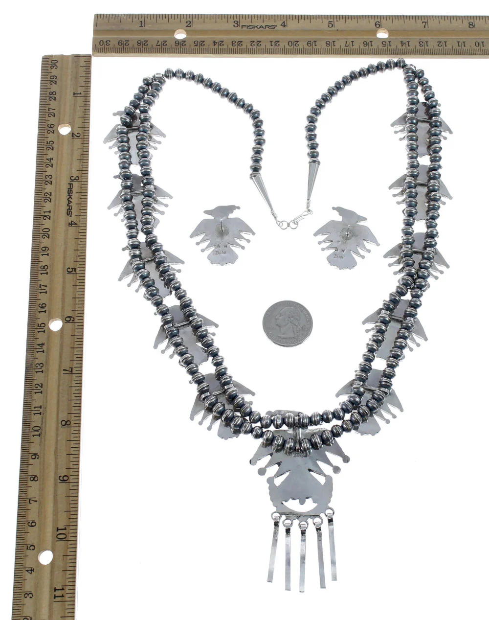 Zuni Multicolor Sterling Silver Thunderbird Necklace And Earrings Set - Image 5